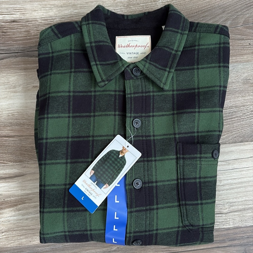 Original Weatherproof Vintage Men Green Plaid Lined Shirt Jacket L Large New